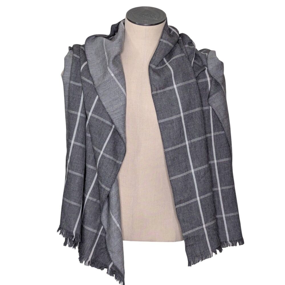 Banana Republic Extra Fine Merino Wool Plaid Scarf One Size Gray Wide Fringed
